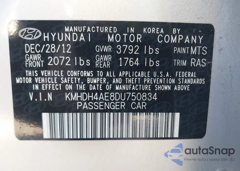 2013 Hyundai Elantra Limited from USA, damaged, VIN KMHDH4AE8DU750834